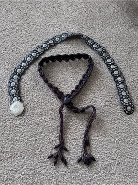 Y2K Boho Braided Leather Tie Belt + Studded Concho Belt - Brown & Black